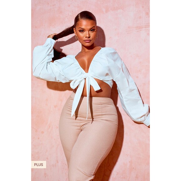 PrettyLittleThing Plus White Tie Front Ruched Blouse US Size 18 NWT - Picture 3 of 7